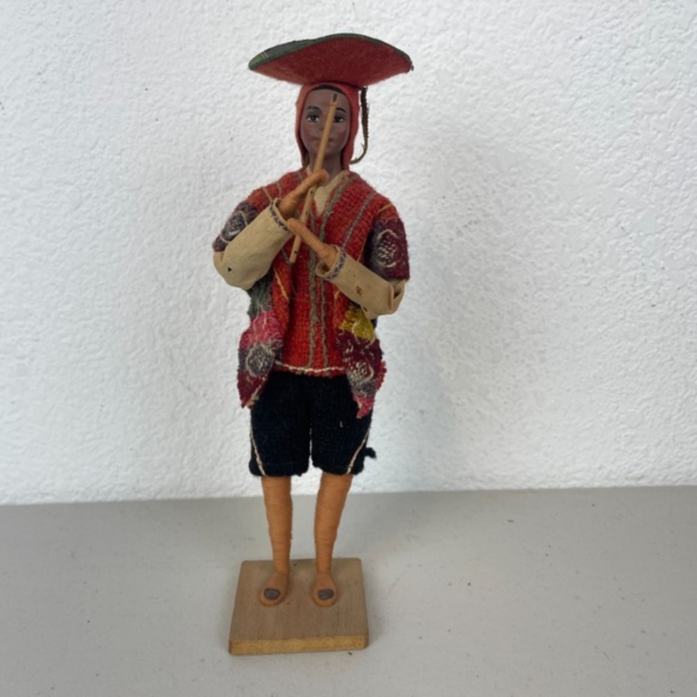 Vintage Peruvian Man Doll Playing Flute Folk Art Figurine South America Handmade